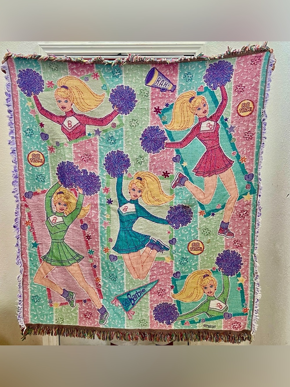 Vintage Barbie Cheerleader Woven Tapestry Throw Blanket Fringe Mattel 48x56